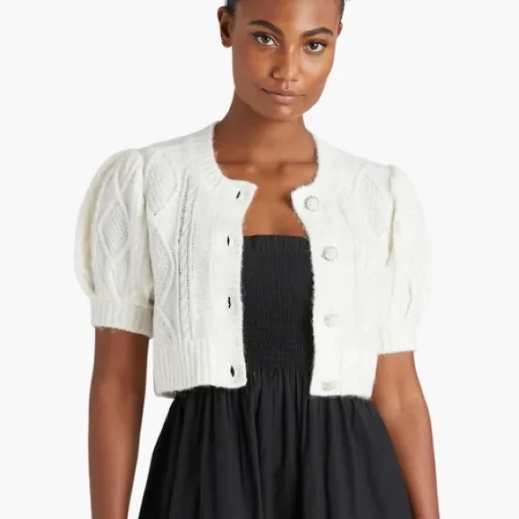 Hill House Ollie Sweater Cardigan Cropped Pearl Buttons Puff Sleeves Small White - Picture 12 of 12